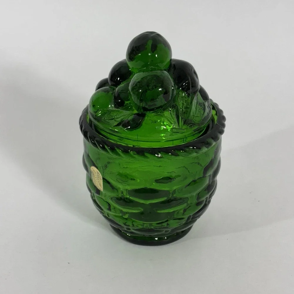 VTG Green‎ Glass Strawberry Basket Lidded Jelly Jam Jar With Spoon Slot Enesco
